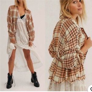 FREE PEOPLE PACIFIC DAWN PLAID RUCHED TOP LARGE